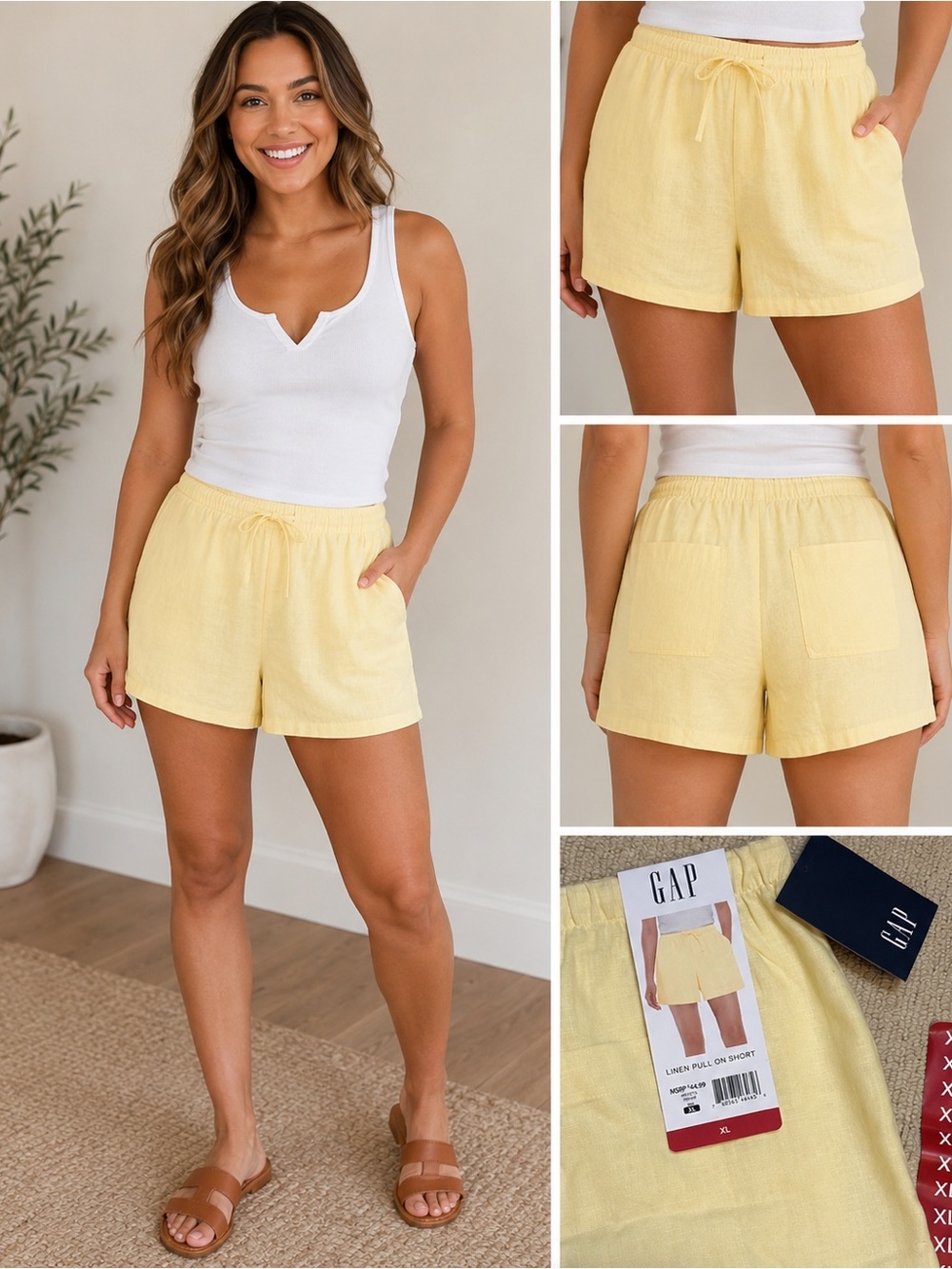NWT GAP Linen Blend Pull-On Shorts Yellow XL Drawstring Pockets